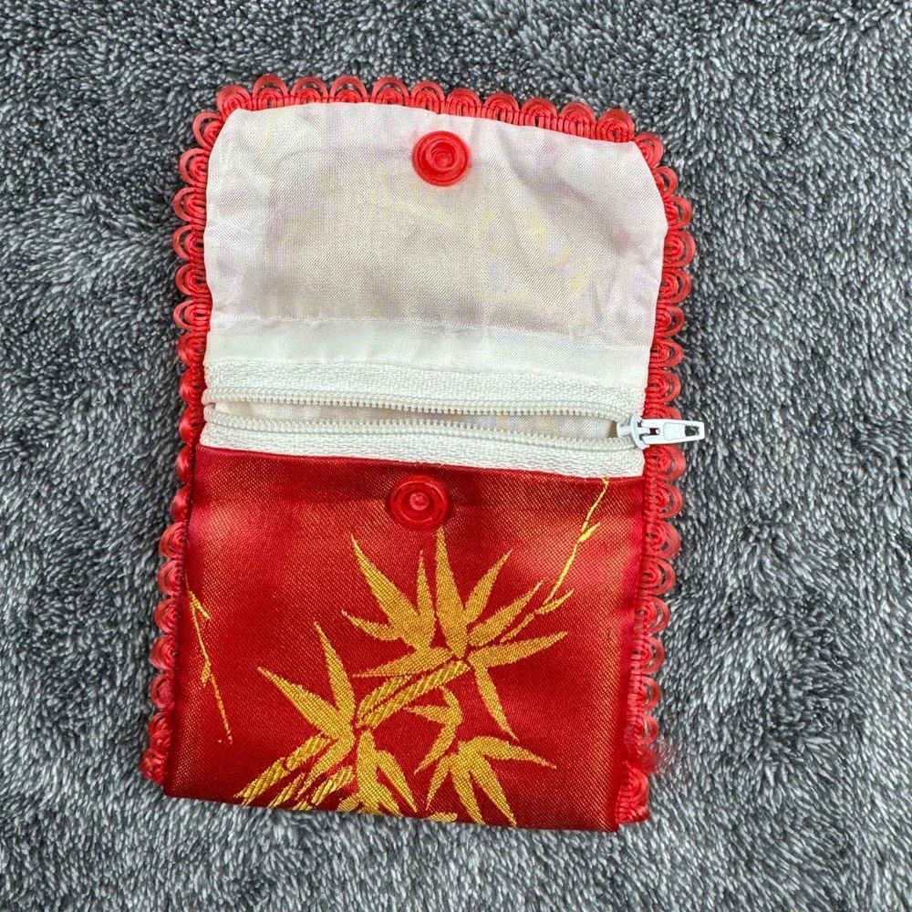 Vintage Red Gold Chinese Brocade Jewelry Pouch‎ Bamboo Snap Coin Purse Small Bag